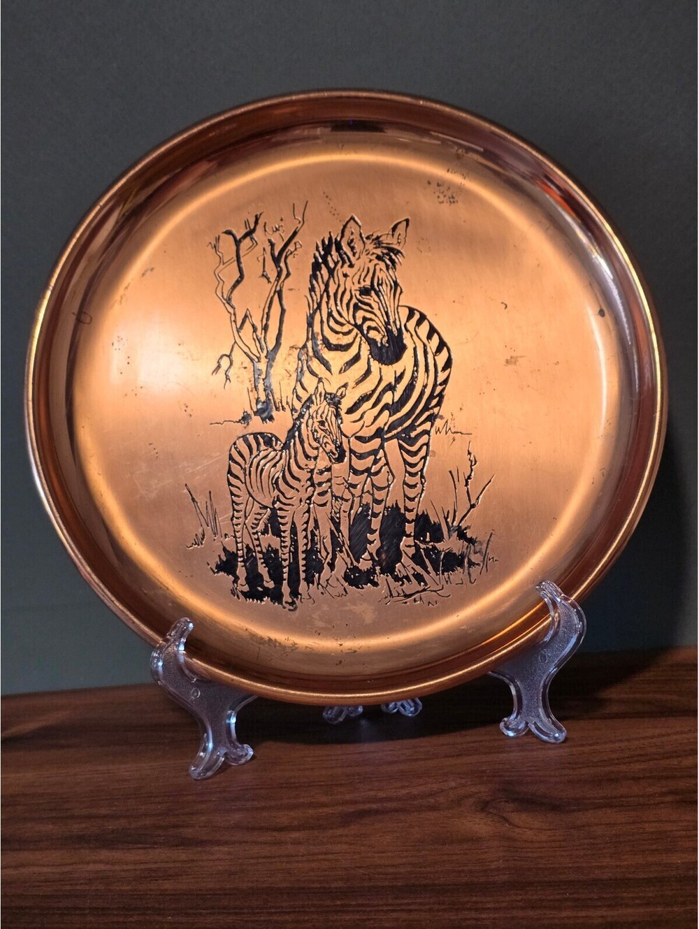 Vintage Copper Zebra Plate Etched Metal Round Tray Safari African Art
